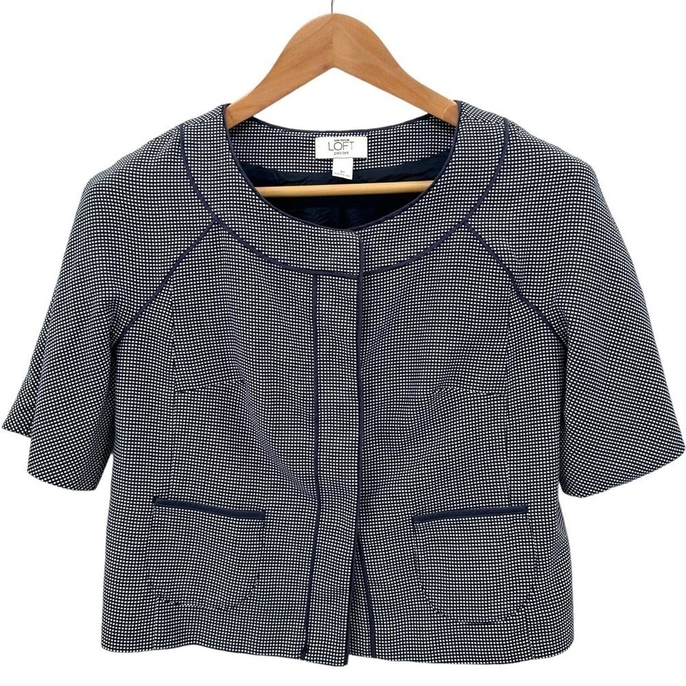 🍀 Ann Taylor LOFT Blue Microdot Hidden Snap Front Piping Cropped Jacket Size 8P